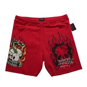 Ed Hardy Fleece Shorts Mens XL Red Graphic Skull Dragon Raw Hem Y2K EHM8000-19R